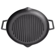 Placă grill rotundă din fontă 31 cm cu mânere și două ciocuri