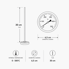 Termometru pentru cuptor cu montaj în zidărie, tijă 30 cm, 0-500°C