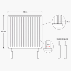 Grătar inox 700 x 600 mm, bare rotative 6 mm, mânere detașabile – ECO