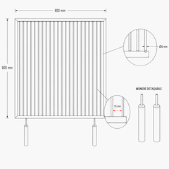 Grătar inox 800 x 800 mm, bare rotative 6 mm, mânere detașabile – ECO