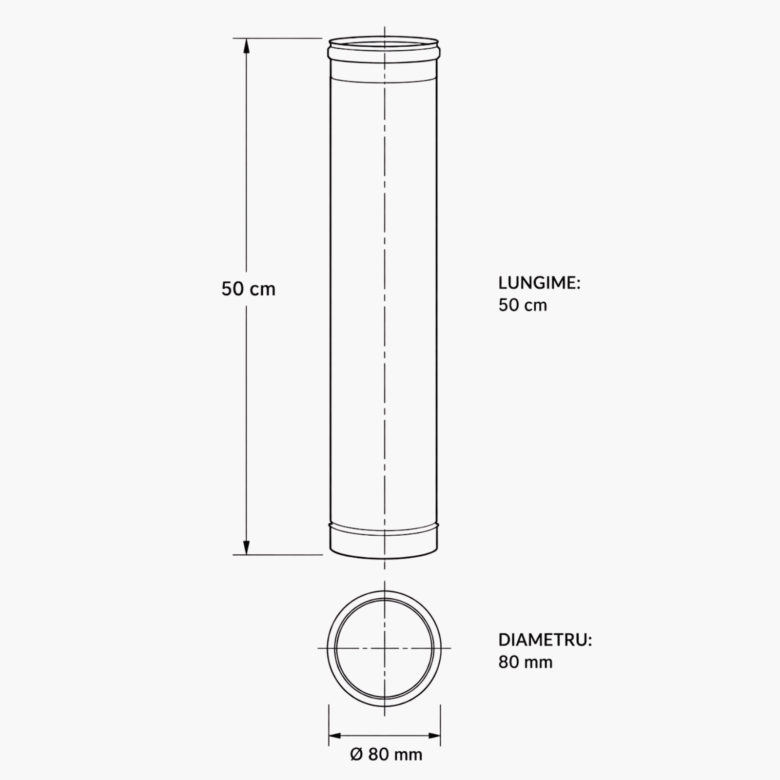 Burlan din inox cu garnitură, lungime 50 cm, grosime 0.5 mm
