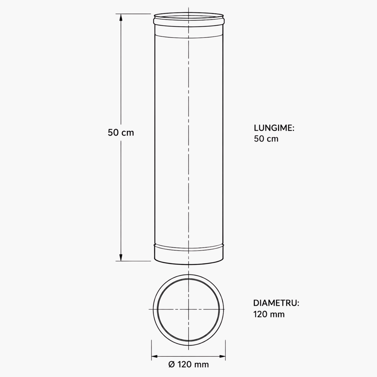 Burlan din inox cu garnitură, lungime 50 cm, grosime 0.5 mm