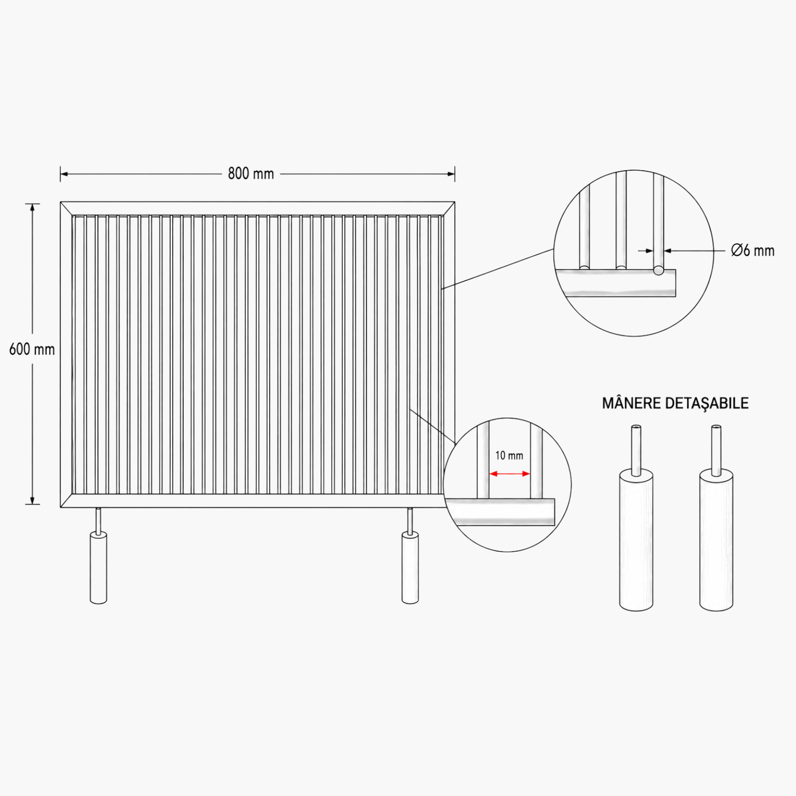 Grătar inox 800 x 600 mm, bare rotative 6 mm, mânere detașabile – Standard