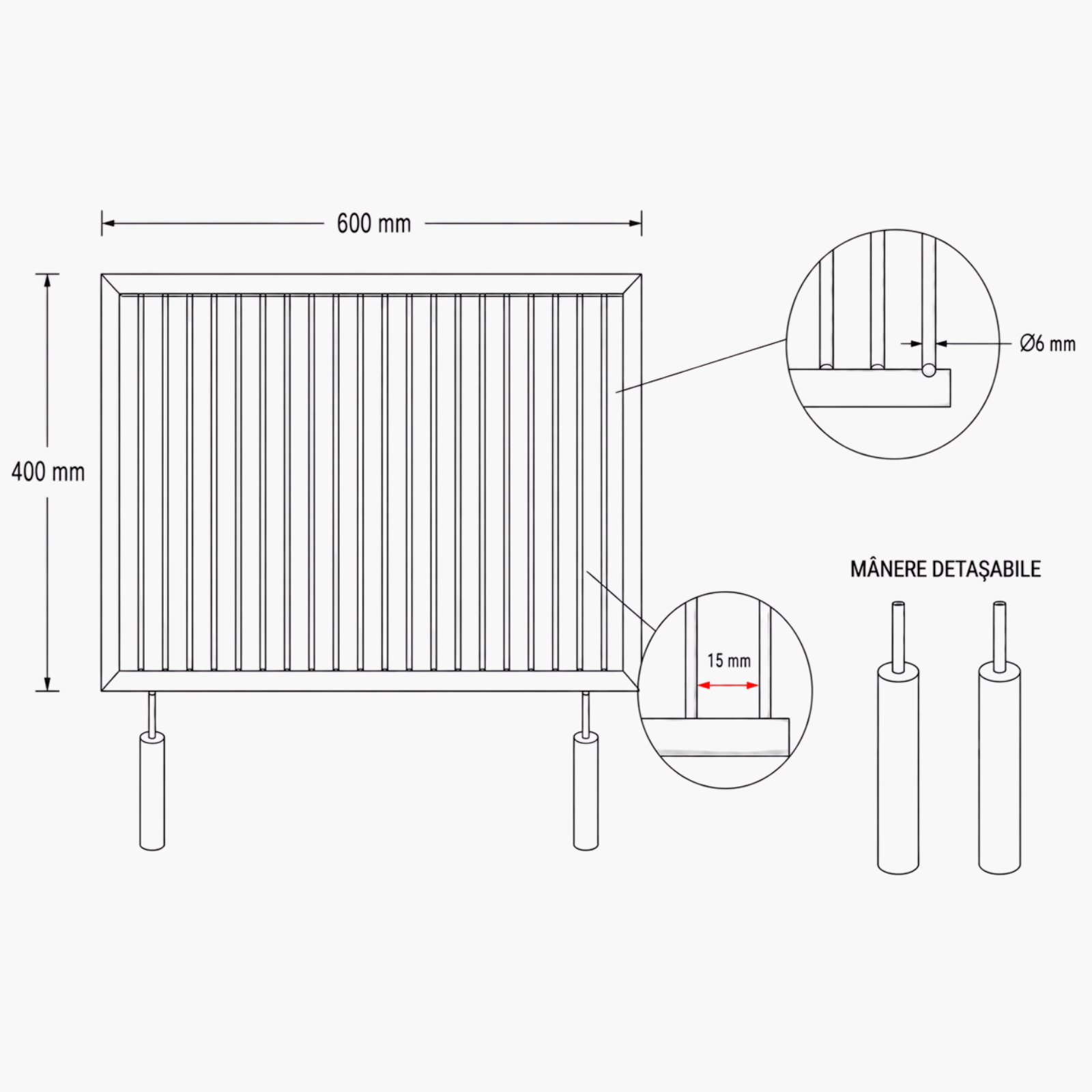 Grătar inox 600 x 400 mm, bare rotative 6 mm, mânere detașabile – ECO