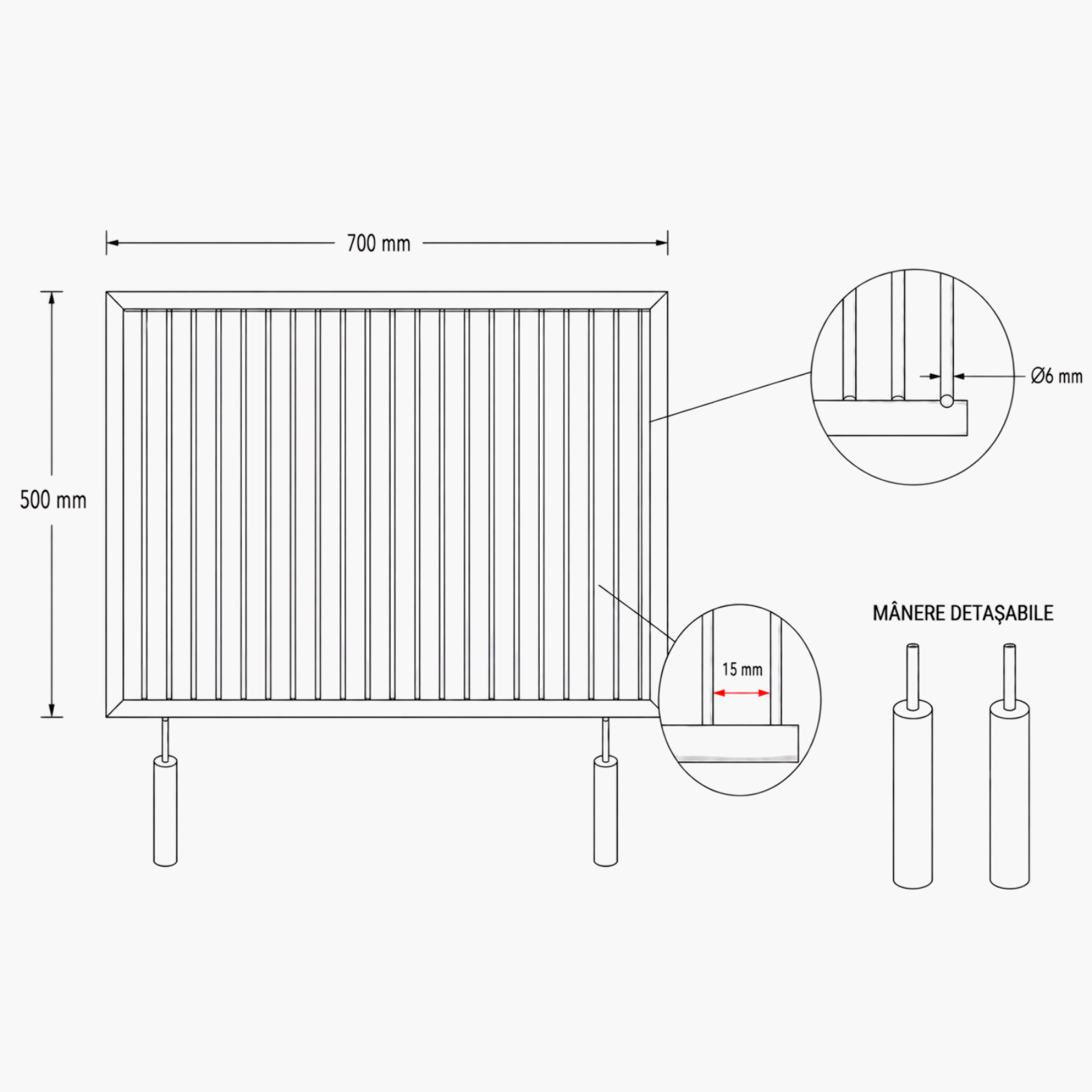 Grătar inox 700 x 500 mm, bare rotative 6 mm, mânere detașabile – ECO
