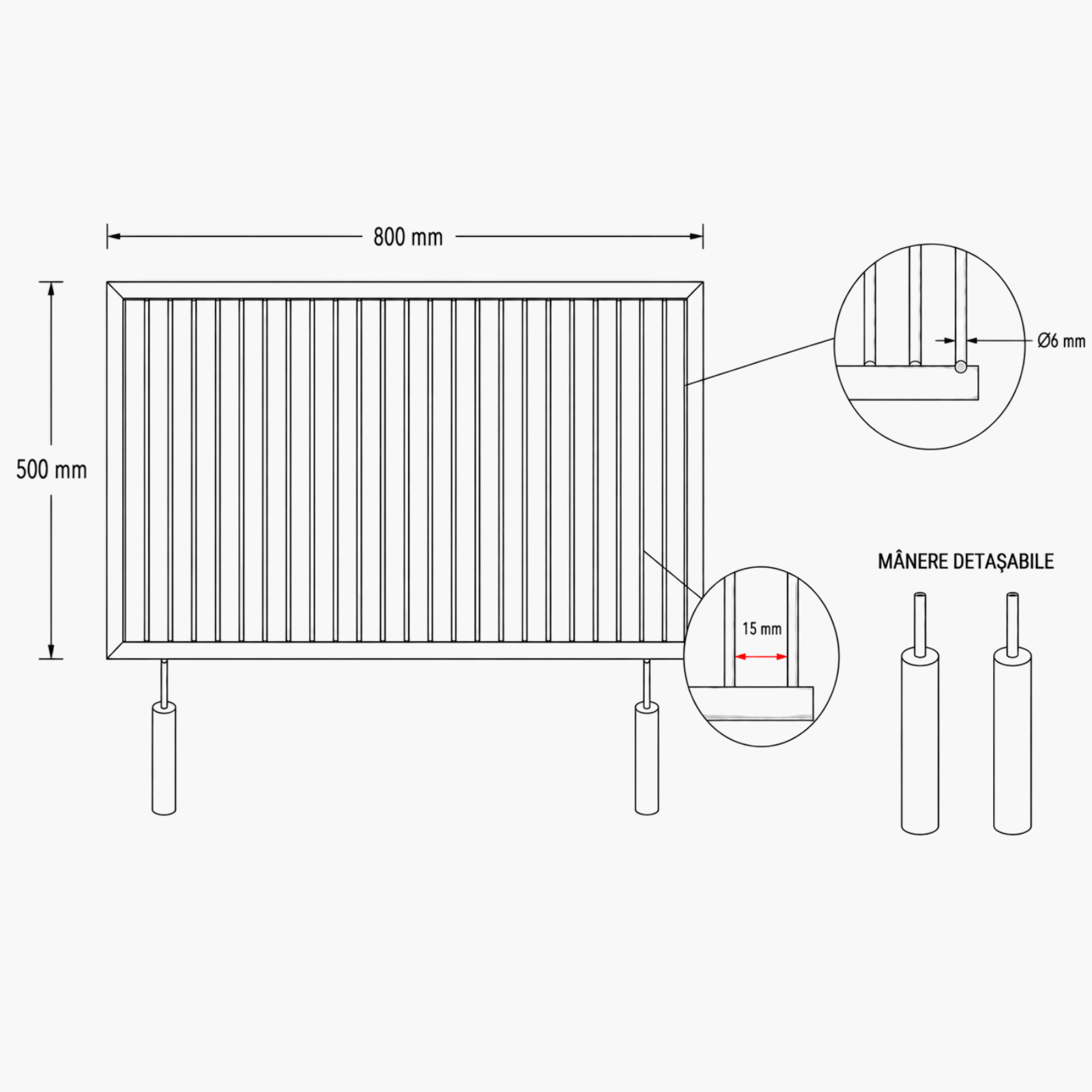 Grătar inox 800 x 500 mm, bare rotative 6 mm, mânere detașabile – ECO