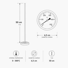 Termometru pentru cuptor cu montaj în zidărie, tijă 50 cm, 0-500°C